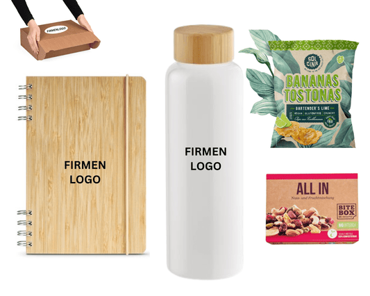 ECO DRINK x NOTICE - Wasserflasche, Notizblock und gesunde Snacks | Layana Life – nachhaltige Firmengeschenke