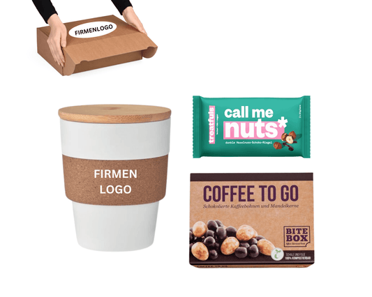 ECO TO GO x SNACKS - Trinkbecher To Go mit Bambus - Deckel und Kork - Griff | Layana Life – nachhaltige Firmengeschenke