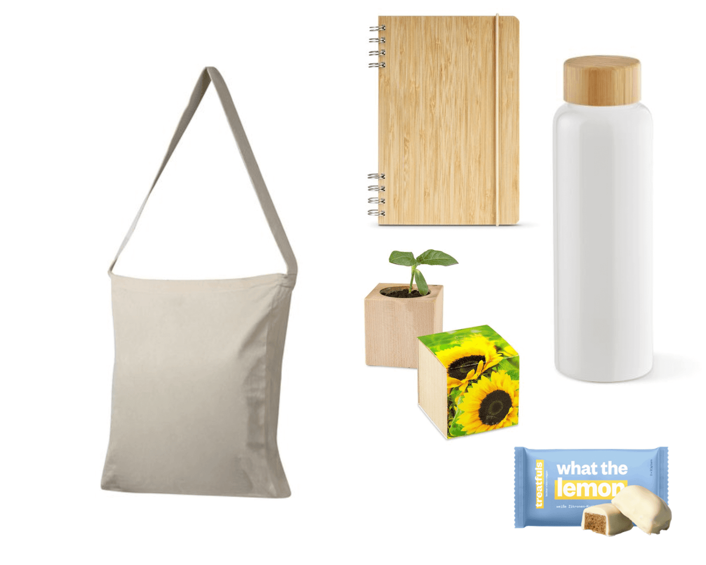 ECO VIBES x SUN - Baumwolltasche mit Wasserflasche, Notizbuch, Pflanze und Zitronenkuchen | Nachhaltige Firmengeschenke