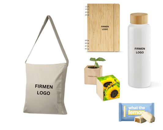 ECO VIBES x SUN - Baumwolltasche mit Wasserflasche, Notizbuch, Pflanze und Zitronenkuchen | Nachhaltige Firmengeschenke