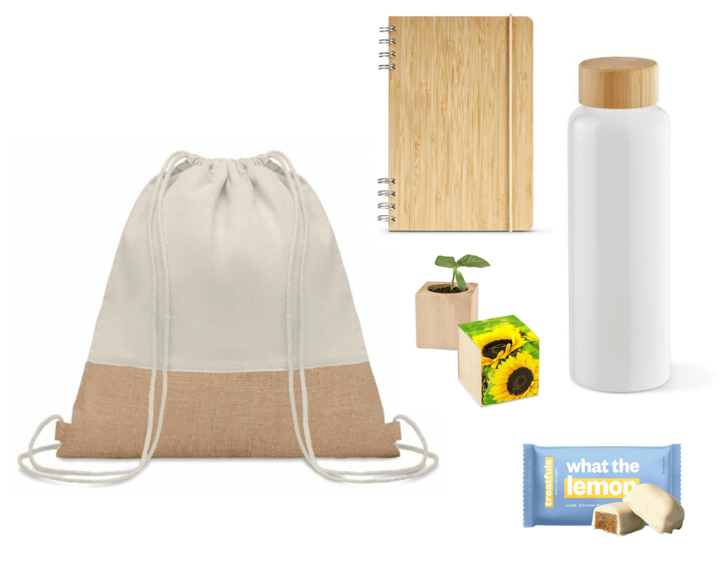 ECO VIBES x SUN - Jutebeutel mit Wasserflasche, Notizbuch, Pflanze und Zitronenkuchen | Nachhaltige Firmengeschenke
