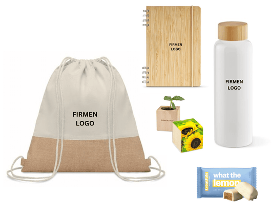 ECO VIBES x SUN - Jutebeutel mit Wasserflasche, Notizbuch, Pflanze und Zitronenkuchen | Nachhaltige Firmengeschenke
