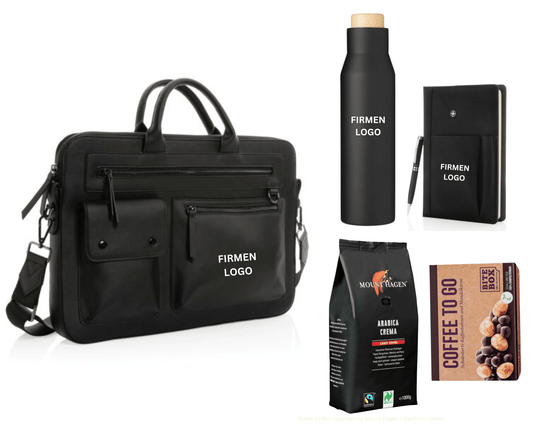 EXEC x PREMIUM – Laptop - Tasche, Isolierflasche, Notizbuch, Kaffee und Snack - schwarz | Nachhaltige Firmengeschenke