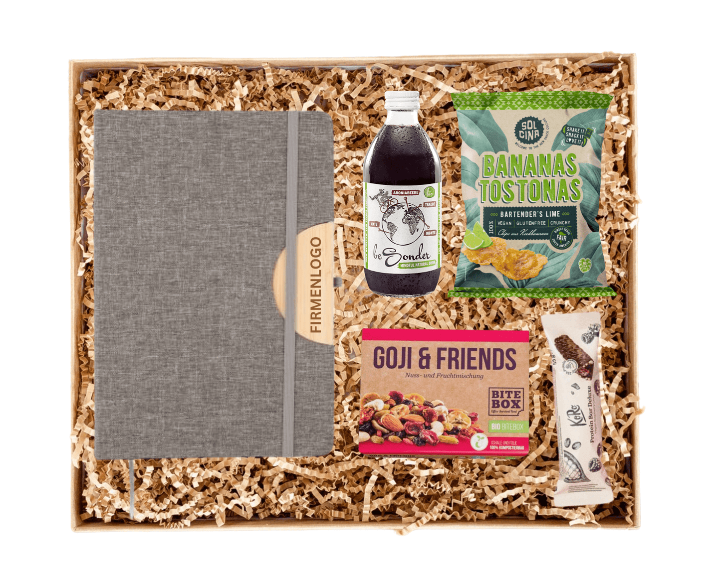 MEETING x SNACKBOX - Präsentkorb für Mitarbeiter: Notizbuch, BIO - Saft, Bananenchips, Nüsse, Proteinriegel | Layana Life – nachhaltige Firmengeschenke