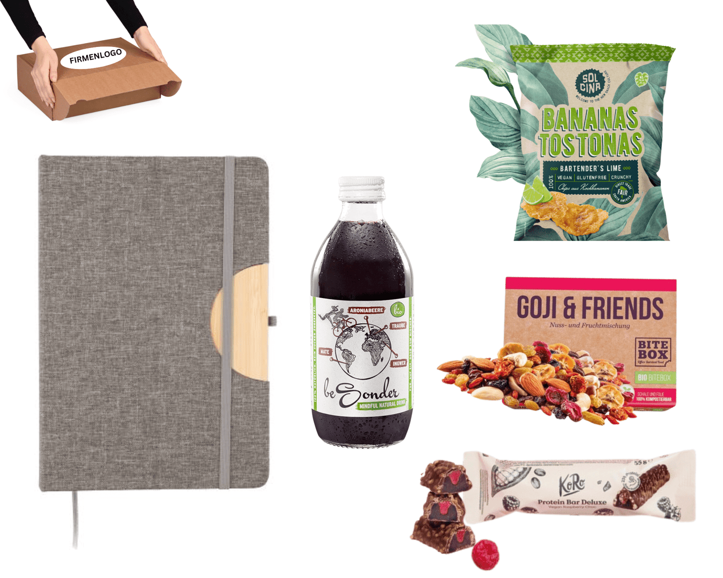 MEETING x SNACKBOX - Präsentkorb für Mitarbeiter: Notizbuch, BIO - Saft, Bananenchips, Nüsse, Proteinriegel | Layana Life – nachhaltige Firmengeschenke