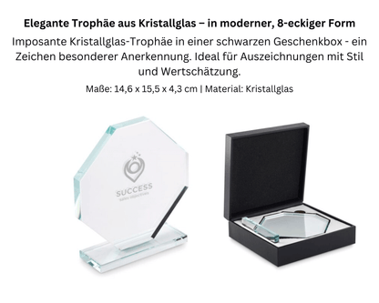 AUSZEICHNUNG x TROPHÄE - 8 - eckiger Glaspokal mit Wein, Nusscreme und Pralinen | Layana Life – nachhaltige Firmengeschenke