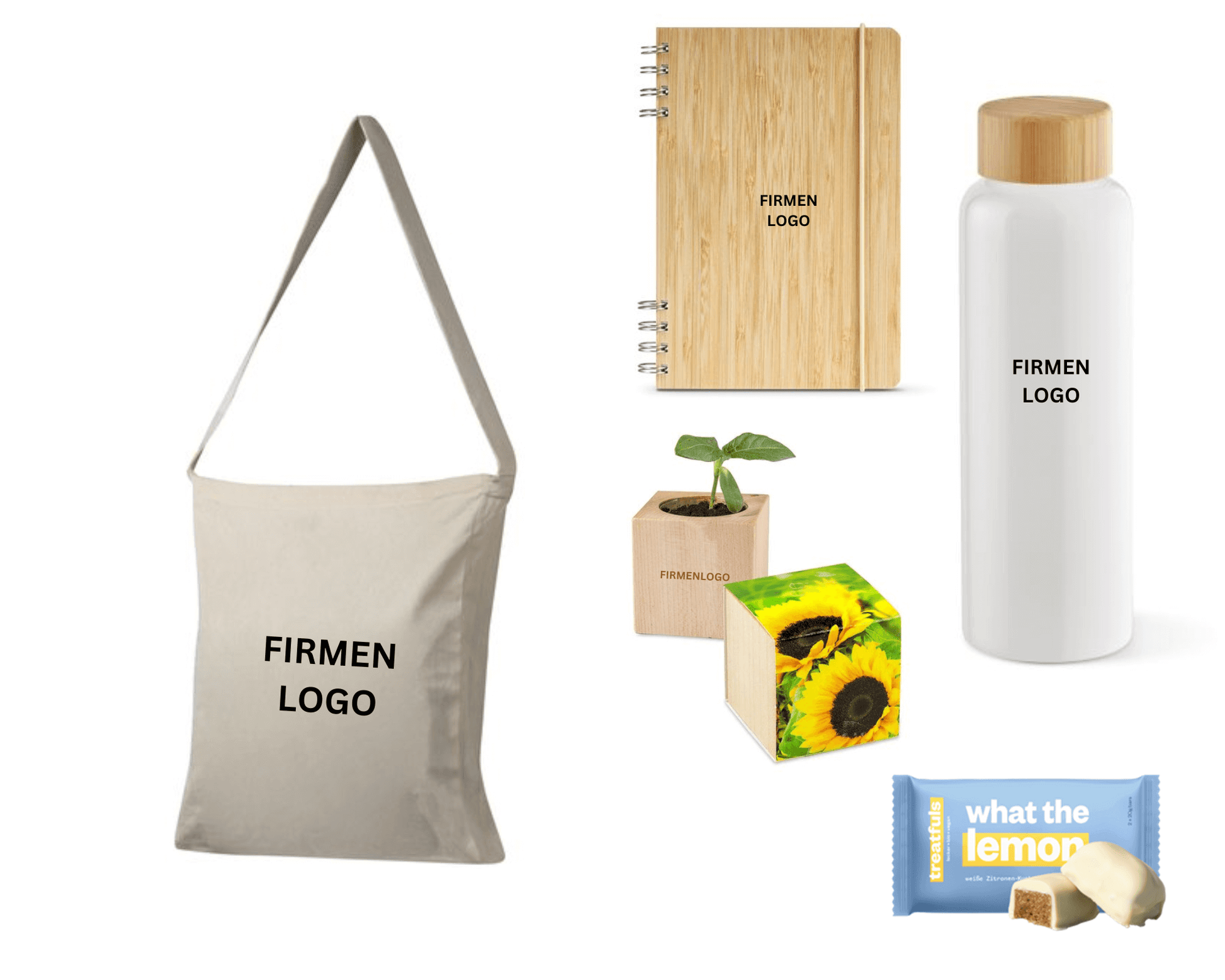 ECO VIBES x SUN - Baumwolltasche mit Wasserflasche, Notizbuch, Pflanze und Zitronenkuchen | Nachhaltige Firmengeschenke