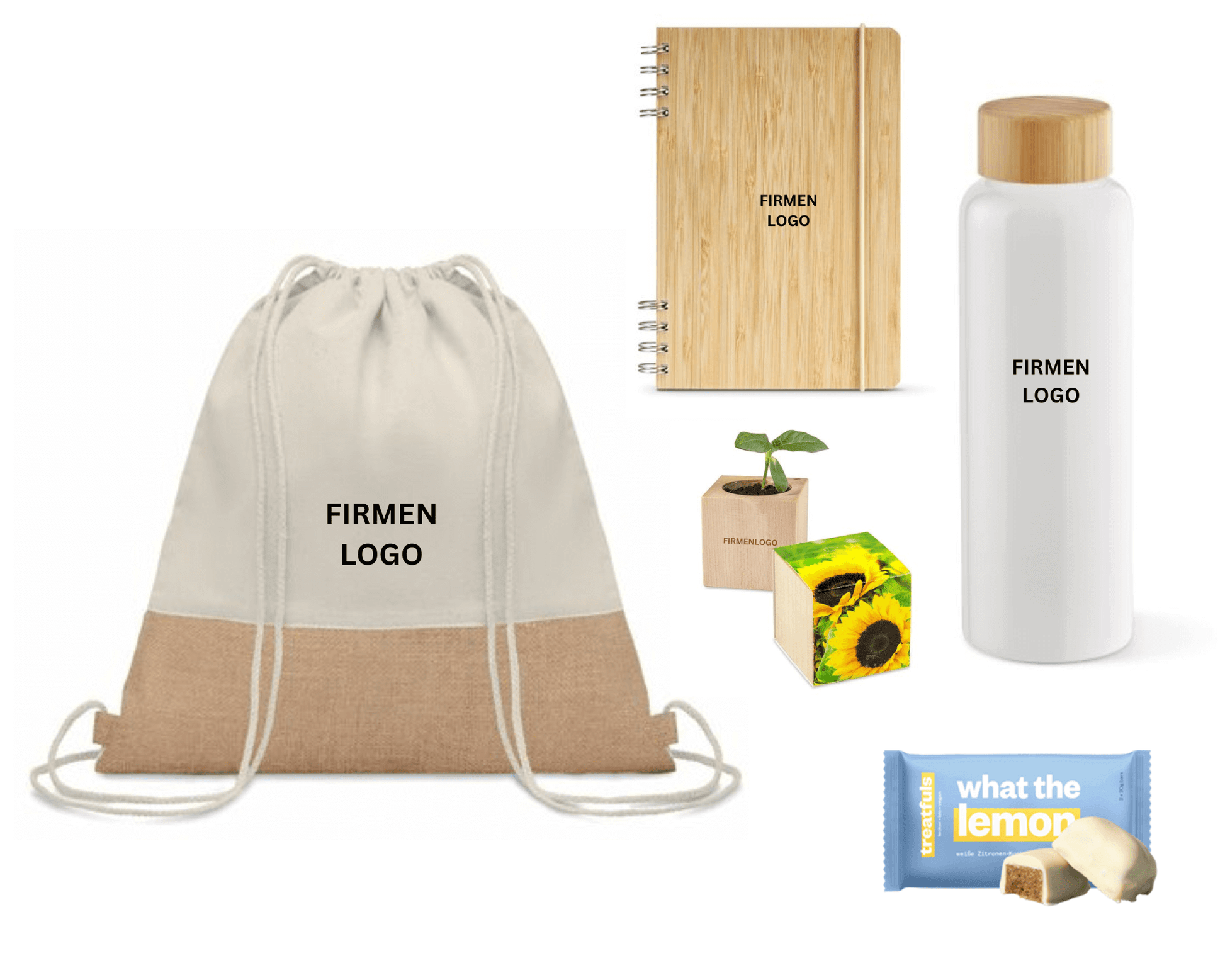 ECO VIBES x SUN - Jutebeutel mit Wasserflasche, Notizbuch, Pflanze und Zitronenkuchen | Nachhaltige Firmengeschenke