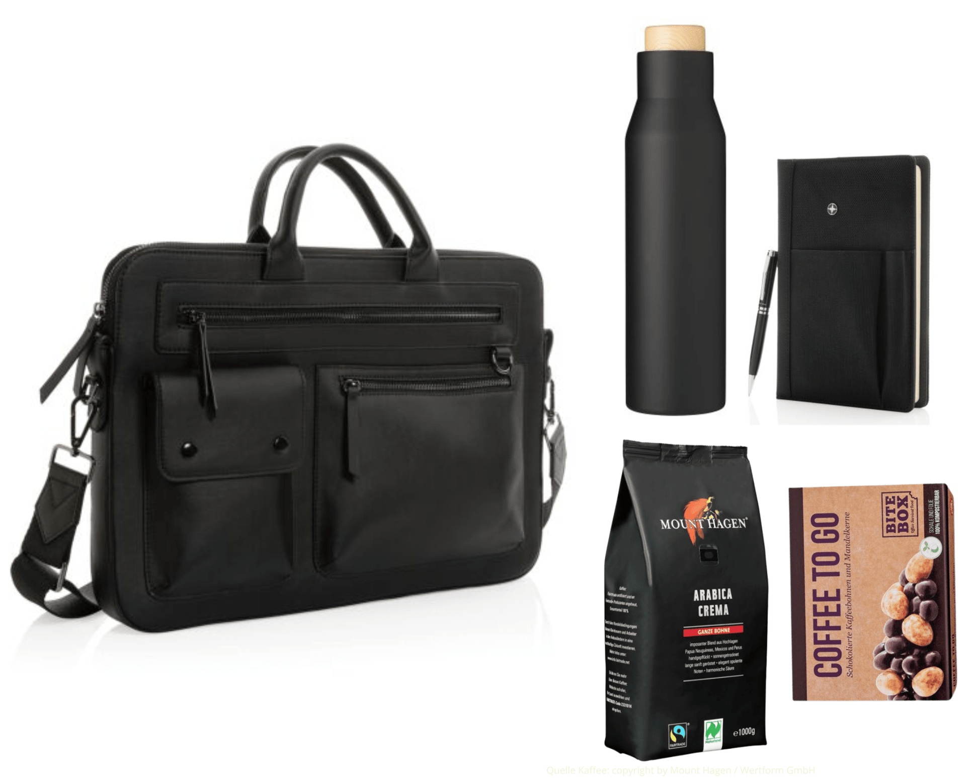 EXEC x PREMIUM – Laptop - Tasche, Isolierflasche, Notizbuch, Kaffee und Snack - schwarz | Nachhaltige Firmengeschenke
