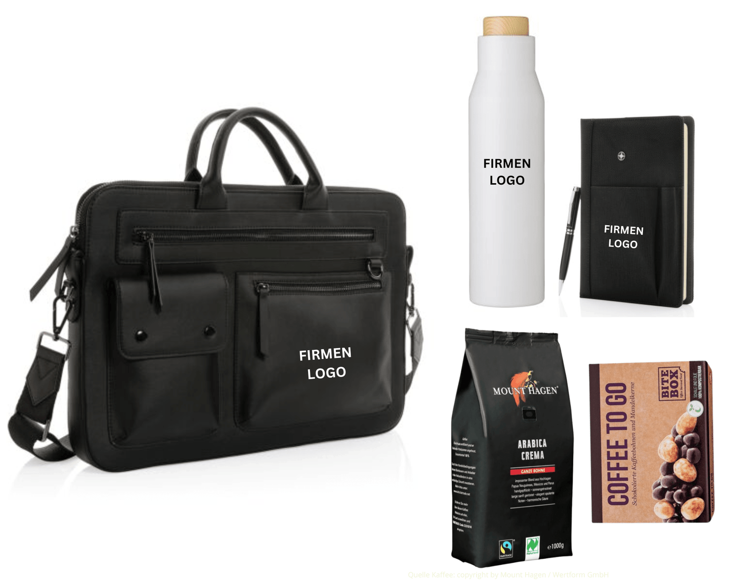 EXEC x PREMIUM – Laptop - Tasche, Isolierflasche, Notizbuch, Kaffee und Snack - schwarz | Nachhaltige Firmengeschenke